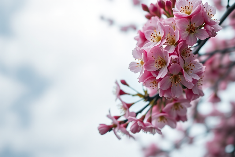 Close-up of blossoming pink flowers on a tree branch against a cloudy sky, using a DSLR camera with a 50mm lens, aperture f/2.8, ISO 100, natural light, shallow depth of field for enhanced detail and vibrant colors.