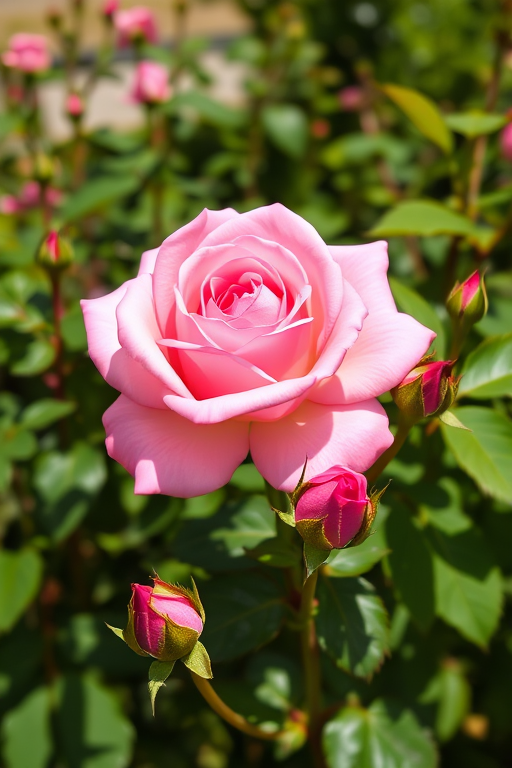 a blooming pink rose surrounded by green leaves and smaller rose buds on a bright sunny day