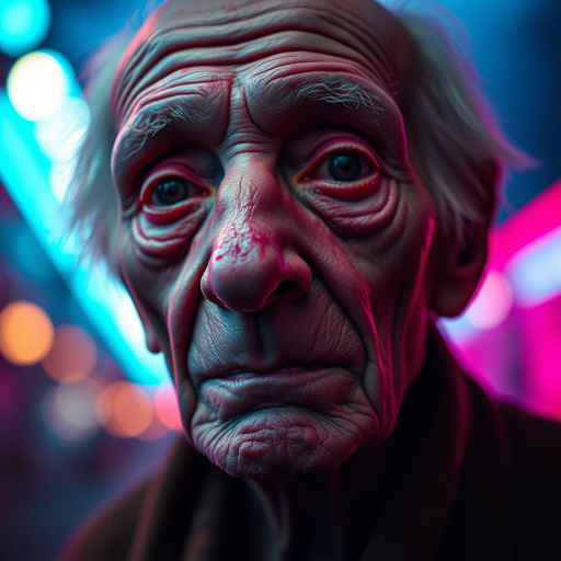 create a close-up perspective view fine art photography contemporary style of an elderly worn albino’s face with a soft, candid expression on a blurred sky black light background.Showcasing a modern style characterized by vibrant blacklight tones, using dramatic lighting and soft gradients to create a fine art atmosphere. The focus is on the light and facial features. motion light blur, neon backlit