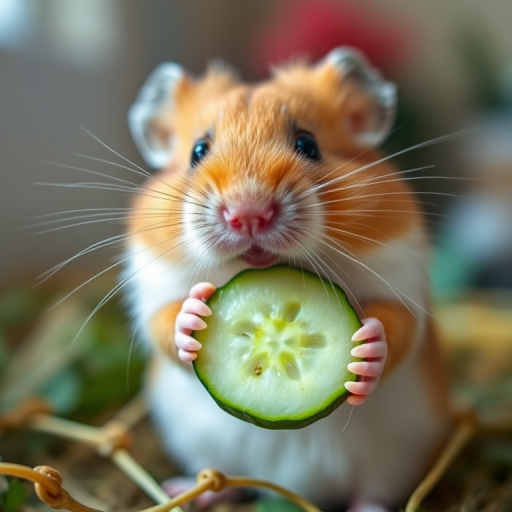 Cute hamster holding a slice of cucumber, soft natural lighting, shallow depth of field, macro lens, aperture f/2.8, shutter speed 1/250s, ISO 100, shot from eye level.