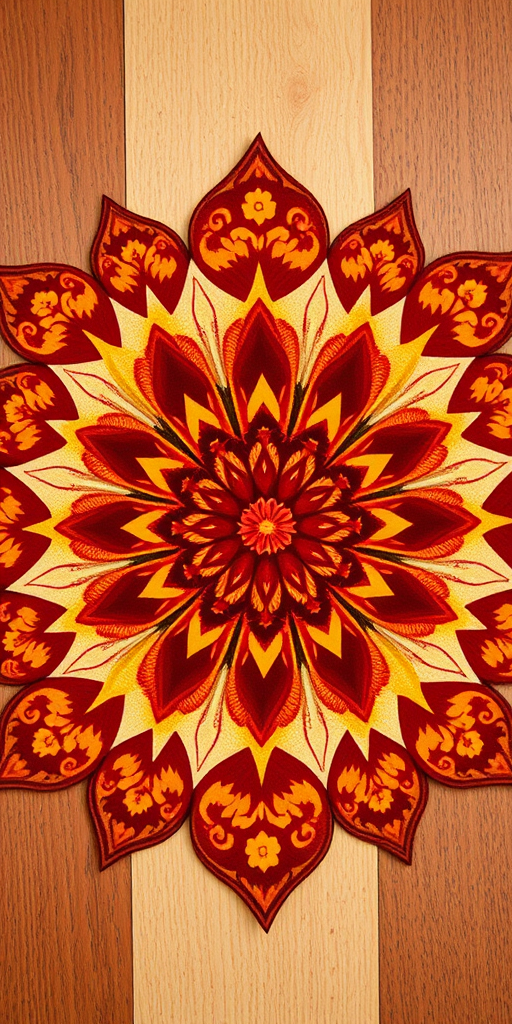 create a circular mandala design featuring intricate floral patterns with gradient colors from yellow to orange to dark red, captured with a DSLR camera at f/8 aperture, ISO 100, 50mm lens, using a top-down view for a symmetrical composition