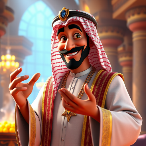 Create a 3D rendering of a wealthy Arab male sheikh from Dubai, inspired by the Disney animation style. The sheikh must have a smile and a playful but wise character. Place your character in an atmosphere of wealth and luxury. The image must be in high resolution format. Dynamic pose above the waist, gesturing with hands (Pixar Art style)++ highly detailed digital painting, art stations, concept art, soft focus, hard focus, illustrations. cinematic, visual effects, HDR, Unreal Engine 5, ray tracing, soft light, 8k, high detail, sparkling backlighting, luxury gem, game art, 3d, cartoon, colorful, magical, mysterious