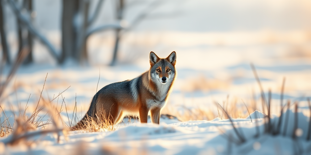 create an image of a coyote in a snowy landscape with soft natural lighting, shallow depth of field, 85mm lens at f/2.8, ISO 400, shutter speed 1/1000 sec, captured in a wildlife photography style using a DSLR camera
