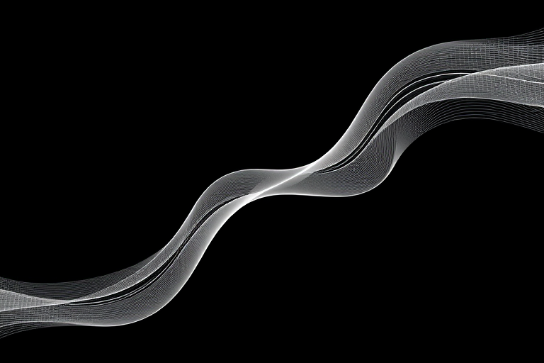 Create a high-resolution image of an abstract design featuring wavy white lines on a solid black background, captured with a DSLR camera using a 50mm lens, aperture set to f/1.8, ISO 100, and a shutter speed of 1/200 sec, with a soft focus effect to enhance depth and contrast.