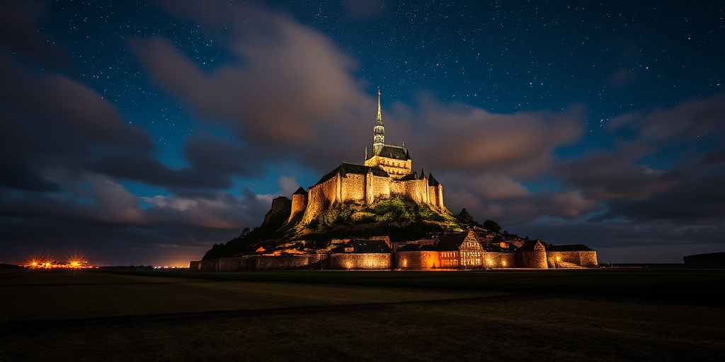 Create a high-resolution nighttime image of Mont Saint-Michel with dramatic clouds and a starry sky, using a Canon EOS R5 with a 24-70mm f/2.8 lens, aperture set to f/4, ISO 800, and a long exposure of 15 seconds for enhanced detail and clarity.