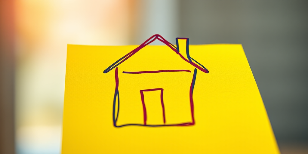 Create a vibrant illustration of a house outline on a bright yellow sticky note, with a soft-focus background, shot using a DSLR camera at f/2.8 aperture and ISO 100, in natural daylight to emphasize colors and details.
