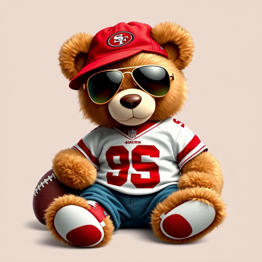 A cute and fluffy teddy bear dressed in a San Francisco 49ers-themed outfit, wearing a red cap with the 49ers logo, aviator sunglasses, and a white football jersey with red accents. The bear is also wearing casual jeans and red and white sneakers, while sitting in a relaxed pose with a football beside it. The teddy bear has a cool, laid-back attitude, with a sporty vibe. The background is clean and minimal, highlighting the bear as the main focus.
