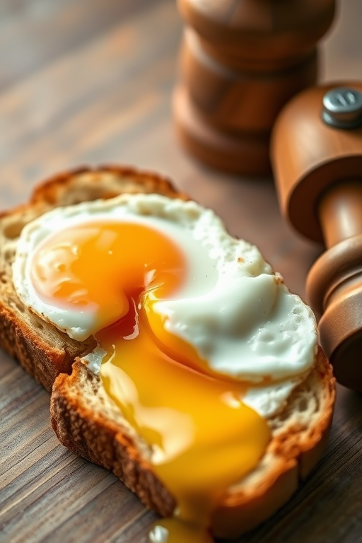 Create an image of a perfectly fried egg on a slice of bread with the yolk slightly broken, alongside a wooden pepper mill, in a soft-focus style, shot with a Canon EOS R5, 50mm lens, f/2.8 aperture, ISO 100, natural daylight.