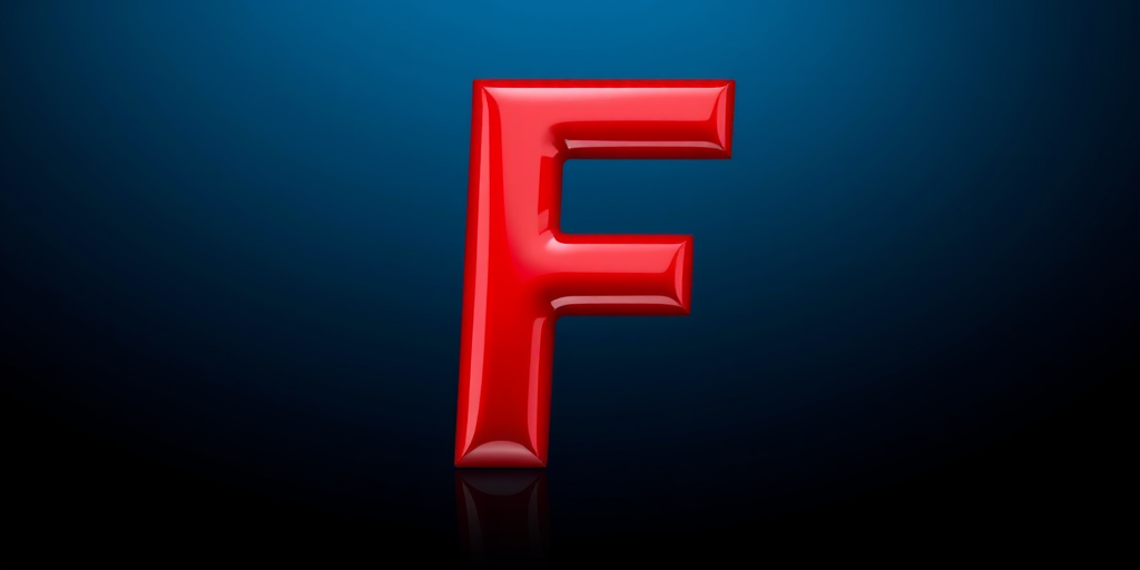 Create a three-dimensional glossy red letter 'F' with smooth reflections, captured with a DSLR camera, aperture f/2.8, ISO 100, shot at 50mm focal length, and high dynamic range to enhance color vibrancy and detail.