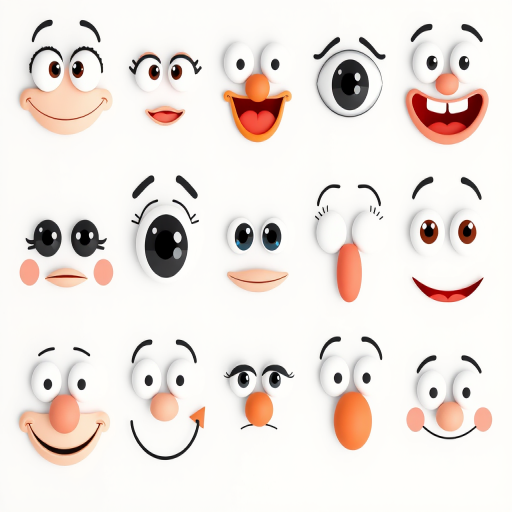 Create a high-resolution digital illustration of various cartoon eyes and mouth expressions arranged in a grid pattern, using a DSLR camera with a 50mm lens, aperture f/2.8, ISO 100, and a top-down flat lay view to enhance clarity and detail.
