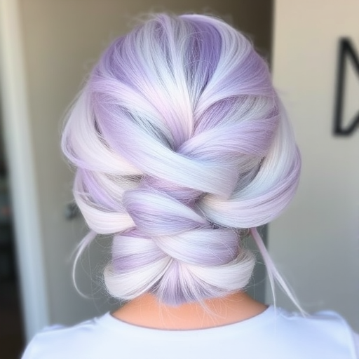 Icy platinum blonde hair with lavender tones in a chic French twist, Frosted Lilac Twist creation, combining elegance with a touch of whimsy and pastel charm