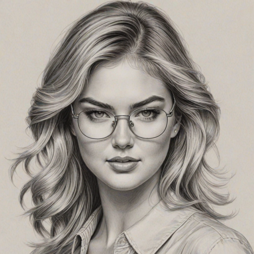 Resplendent Kate Upton, pencil sketch, portrait of Wonderful woman 1971s in glasses, hair style beatnik, outline, clear lines, fine lines, 8k