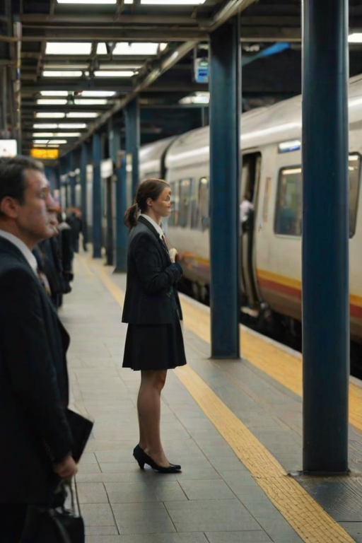 Busy train platform at rush hour, commuters moving quickly, a woman in a business suit stands by a pillar, glancing at her watch as the incoming train approaches.