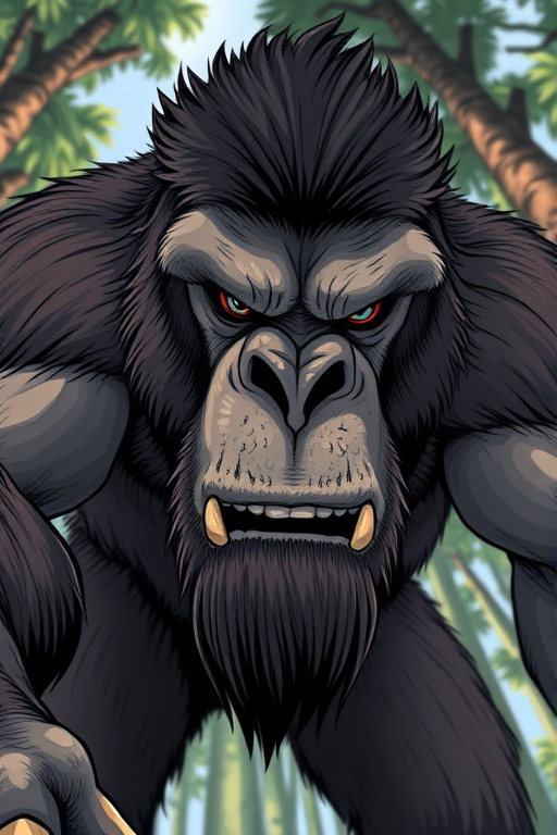 Create an illustrated image of a bigfoot creature with muscular features and expressive facial details, captured in a dramatic low-angle view using a DSLR camera at ISO 100, f/2.8 aperture, 50mm lens, natural lighting for a vivid appearance.