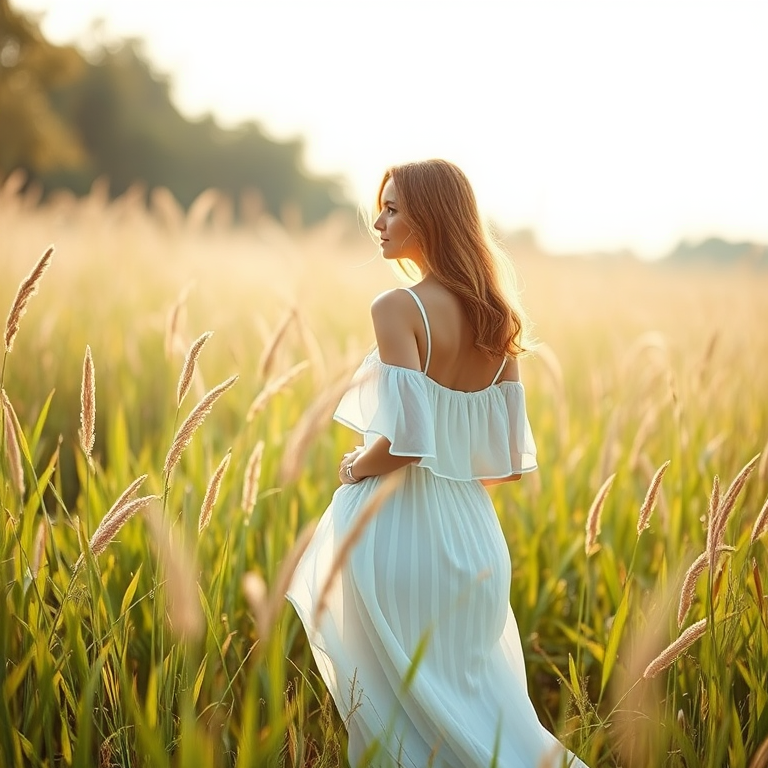 regenerate the image of a woman in a flowing white dress standing in tall grass with her back to the camera, natural sunlight, Canon EOS R5, f/2.8, ISO 100, 85mm lens, soft focus background, high dynamic range, portrait orientation