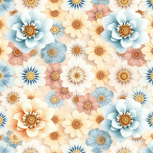 Create a high-resolution seamless floral pattern with a diamond grid layout, featuring soft blue, cream, and muted brown hues, using a Canon EOS R5 with a 50mm lens at f/8, ISO 100, shutter speed 1/125s, in natural daylight to enhance color vibrancy and detail.