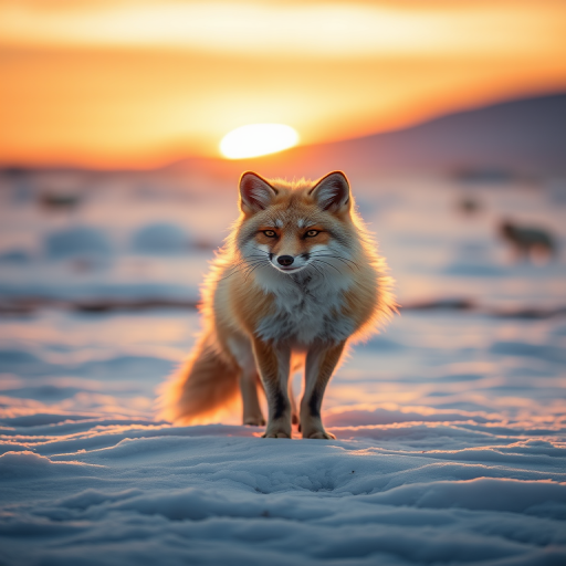 Arctic fox standing on a snowy landscape at sunset, soft golden light illuminating the fur, captured with a Canon EOS R5, 50mm lens, aperture f/1.8, ISO 100, shot at sunset for warm tones and high dynamic range.