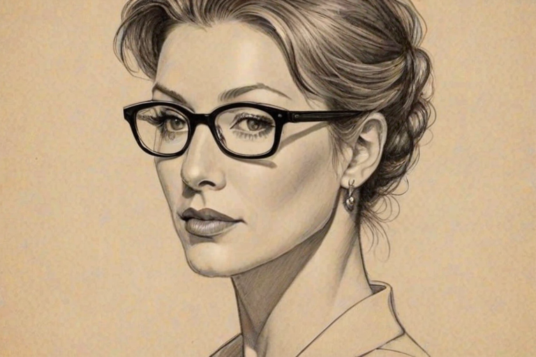 Magnificent Natalie Zea, pencil sketch, portrait of Pleasing woman 1932s in glasses, hair style beatnik, outline, clear lines, fine lines, 8k