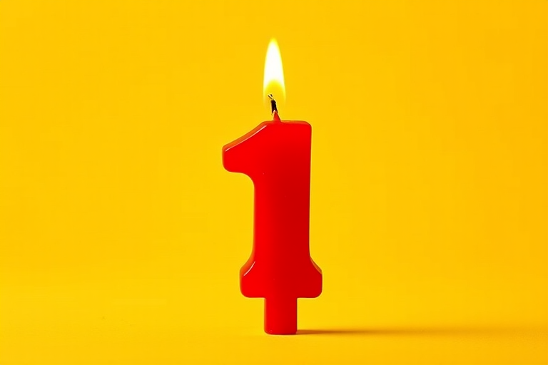 Generate an image of a red birthday candle in the shape of the number one, lit with a small flame on top, set against a bright yellow background, using a DSLR camera with a 50mm lens, aperture f/1.8, ISO 100, and a shallow depth of field to create a soft blur effect in the background.