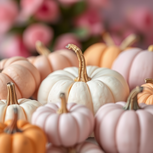 Create a soft pastel illustration of various pumpkins in shades of lavender, peach, and cream with a blurred pink background, shot with a Canon EOS R5 at f/2.8, ISO 100, and a 50mm lens for a shallow depth of field.