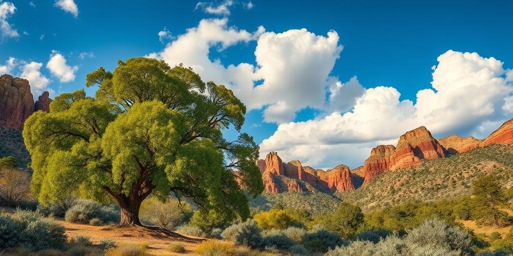 generate a lush, vivid landscape featuring a large tree near rocky mountains under a bright blue sky with fluffy clouds, use a DSLR camera set to f/8 aperture, ISO 100, 24mm lens, shot in landscape mode for enhanced depth of field and clarity