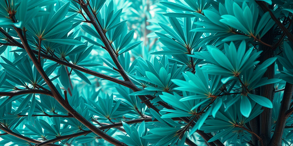 Create a vibrant digital illustration of a tropical tree with lush teal foliage, captured with a Canon EOS R5 at f/2.8, ISO 100, using a macro lens for detailed texture, with a soft focus background to enhance the tree's vivid colors.