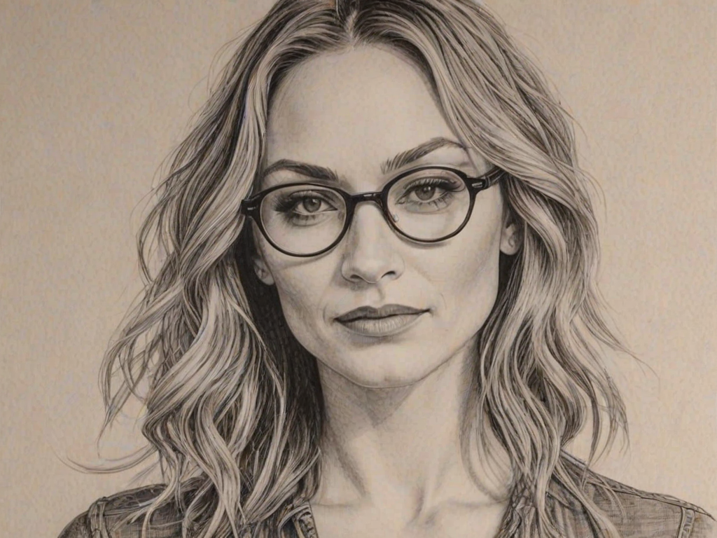 Stunning Drea de Matteo, pencil sketch, portrait of Lovely woman 1925s in glasses, hair style beatnik, outline, clear lines, fine lines, 8k