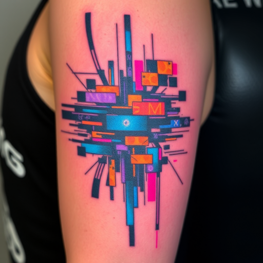 Glitch art tattoo titled "Digital Distortion" incorporating pixelated elements and fragmented imagery to create the illusion of a computer glitch on the skin, with neon colors and abstract patterns adding to the futuristic aesthetic