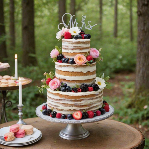 Create a rustic wedding cake with multiple layers, featuring a naked design. Decorate with fresh berries, macarons, and edible flowers. Add a decorative cake topper that says "Mr & Mrs." Place the cake on a silver cake stand, and set it against a natural outdoor backdrop.