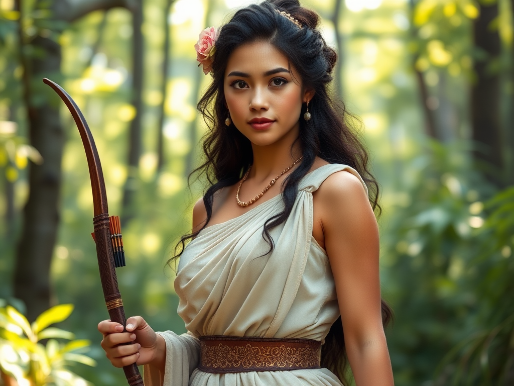 Create a portrait of a goddess-like Maori girl figure in a tranquil, forested environment. She has an elegant appearance with long, wavy hair styled in an updo and adorned with a delicate, floral headband. She wears a flowing, ancient Greek-inspired gown in a soft, pale color, featuring a one-shoulder design and draped fabric that accentuates her graceful form. The outfit includes a decorative belt with ornate gold detailing, and she holds a bow in her hand, with a quiver of arrows slung over her shoulder. The background depicts lush greenery, with sunlight filtering through the trees, casting a gentle, ethereal light on the scene. Her expression is calm and contemplative, embodying a sense of wisdom and serenity.