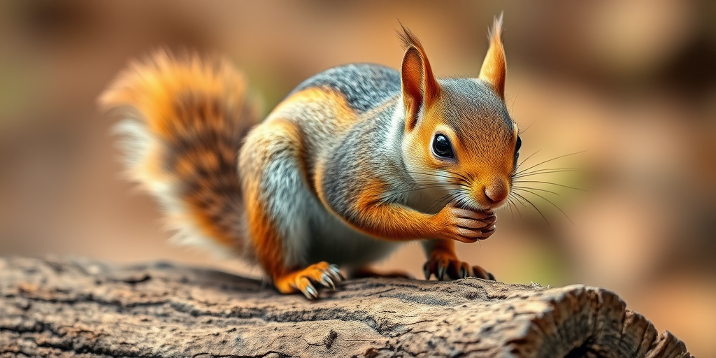 A close-up of a squirrel perched on a log, captured with a DSLR camera, 50mm lens, aperture f/2.8, shutter speed 1/200s, ISO 100, natural light to enhance details and textures.