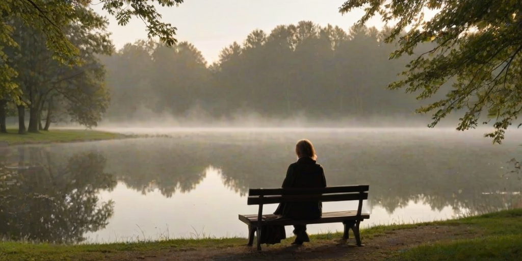 Quiet park in the early morning, mist rising off a nearby pond, a woman sits on a bench with a journal, the peacefulness of the moment mirrored in her calm expression.