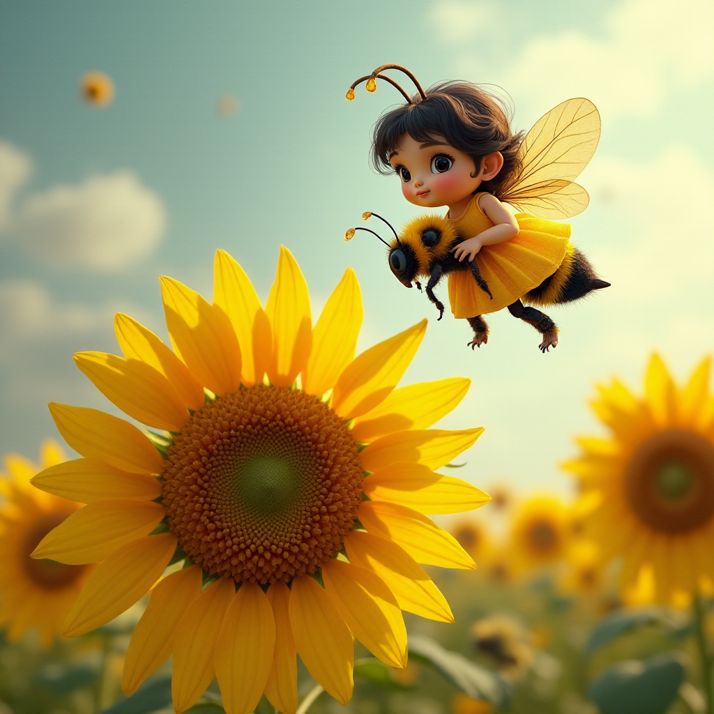 a whimsical cute girl with big eyes, big hair and flowing dress, riding astride a bumble bee, and flying across the top of the sunflower, which are just waking up, and catching dew drop of rain