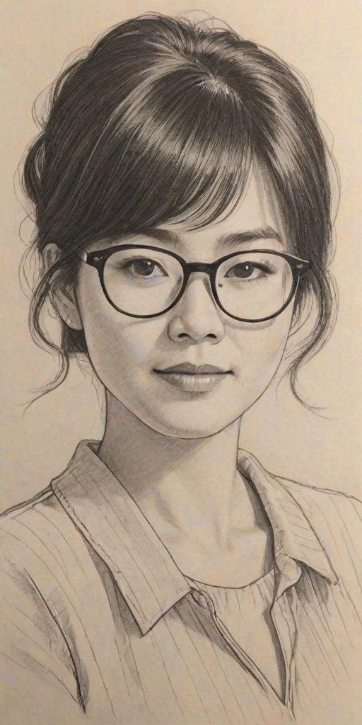 Captivating Keiko Agena, pencil sketch, portrait of Appealing woman 1979s in glasses, hair style beatnik, outline, clear lines, fine lines, 8k