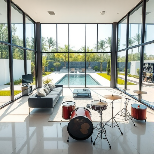 Generate a modern interior scene of a spacious living room with large glass windows overlooking a landscaped garden and pool, featuring stylish furniture like a sleek sofa and a drum set, bright natural lighting, camera settings: ISO 100, f/8, shutter speed 1/125, camera view: wide-angle, camera style: realistic, camera type: DSLR.