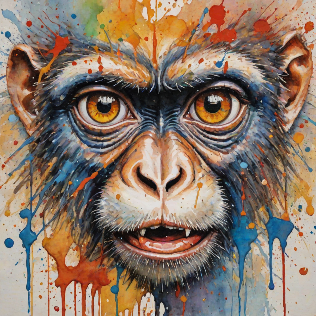 abstract watercolor painting with bold and deep brushstrokes. Thick impasto paint used. Dripping effect. Image breaking up into rectanguls shapes. Paint cracking. just a  smal;l pair of monkey's eyes starting to appear in the middle. The eyes are crying.  Coloured paint splattered around the edges. Geometric lines in background. swirly effect. peeling paint effect. raised rectangles. Dinghy Cream Look edge added in Topaz.