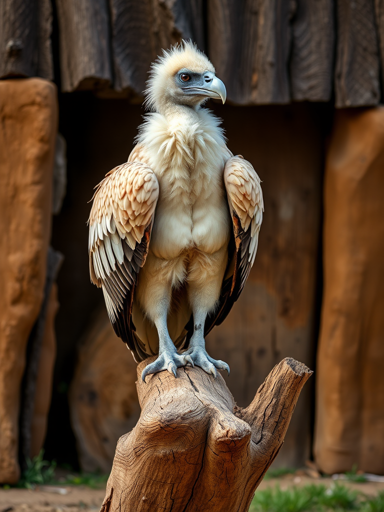 A majestic griffon vulture perched on a wooden log against a rustic backdrop, captured with a DSLR camera at f/8, ISO 200, 1/250s, 85mm focal length, natural lighting for enhanced sharpness and detail.