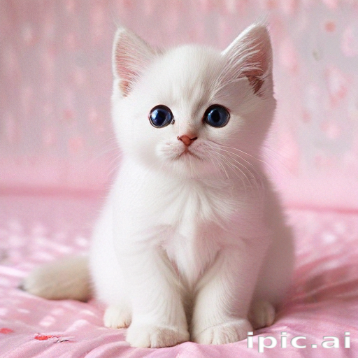 A Cute Fluffy White Kitten with Big Blue Eyes on Soft Pink Background.