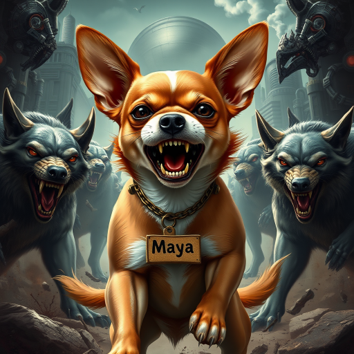 "Create a highly detailed and realistic image of a short-haired Chihuahua named Maya in an extremely fierce and enraged warrior pose. She is battling a pack of wolves and an alien creature, fighting for her life and the life of her owner. The Chihuahua should have a wild and aggressive appearance, with bared teeth and fierce eyes, showcasing her determination despite the overwhelming odds. She should have a distinct white patch on her chest, while the rest of her fur should be brown. A large tag with the name 'Maya' should be prominently displayed around her neck. The background should feature a sci-fi and steampunk style, filled with futuristic mechanical elements and Victorian technology, blending an urban landscape with fantastical details such as gears and steam."