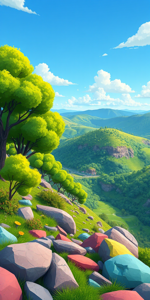 Create a vibrant, cartoon-style landscape with lush green trees, rolling hills, and colorful rocks, using a wide-angle lens at f/8, ISO 200, 1/250s, captured with a DSLR camera for enhanced clarity and detail.