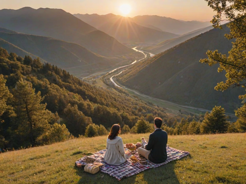 Scenic viewpoint overlooking a valley, with a couple enjoying a picnic, the sun setting behind the mountains, creating a romantic and serene moment.
