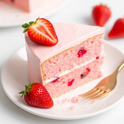 A slice of pink strawberry cake with a smooth frosting and fresh strawberries on a white plate with a fork beside it, showcasing the moist texture and fruity bits inside the cake.