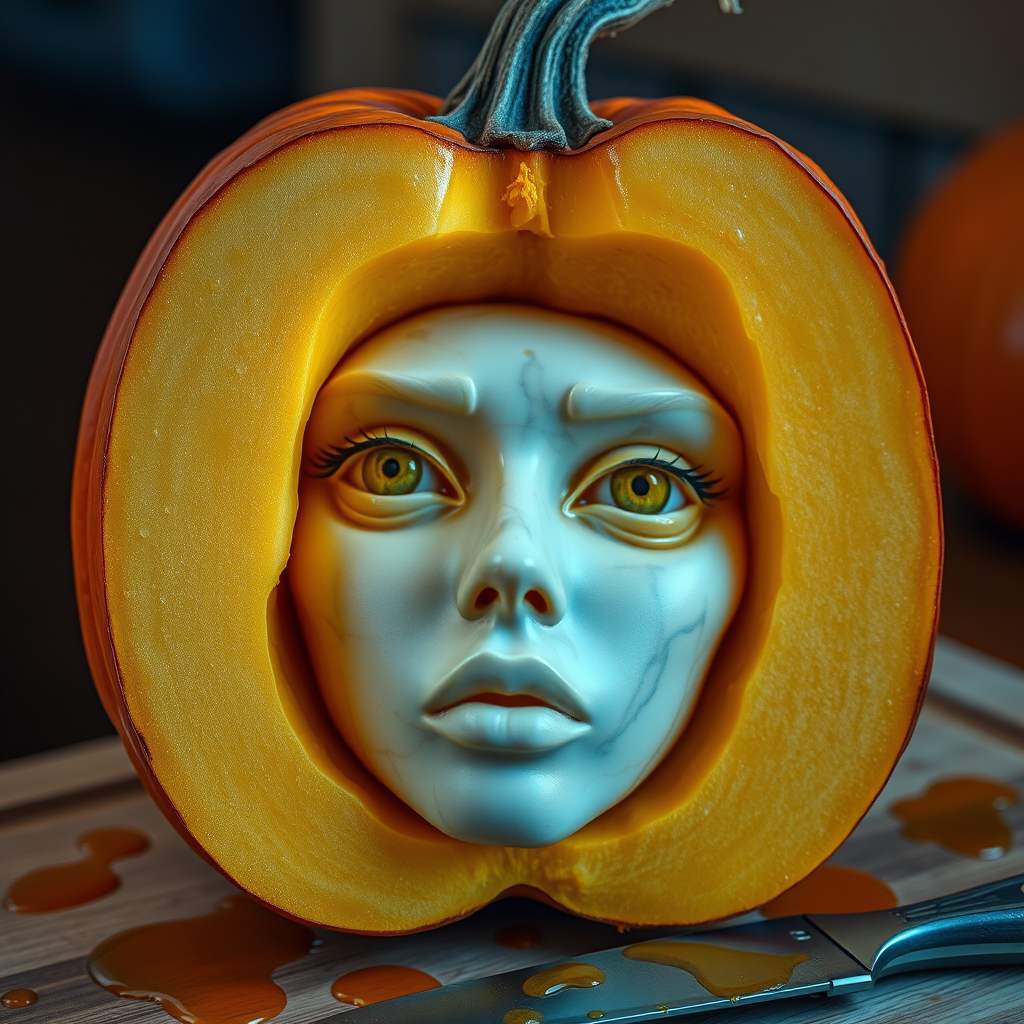 A hyperdetailed photorealistic macro color saturated high resolution image of a pumpkin cut in half, with the pumpkin pit being a highly detailed sculpted woman's face with her eyes open and pumpkin-colored irises. The face has a marble texture. The image includes condensation, moisture, and pumpkin juice. The pumpkin is on a wooden cutting board with a small fruit knife nearby, also covered with juice.