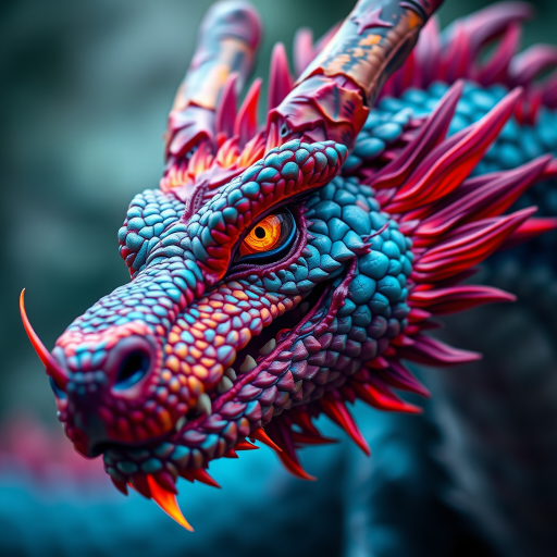 Create a high-resolution digital artwork of a dragon with vibrant scales in shades of blue, red, and purple, featuring glowing orange eyes and fiery accents, captured with a DSLR camera at f/2.8, ISO 100, 50mm lens, in a dramatic low-angle perspective to enhance the fierce expression and intricate details.