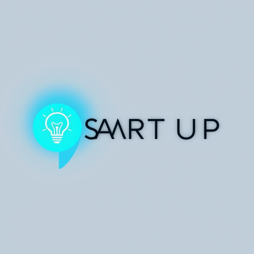 Create a minimalist vector graphic featuring the text "STARTUP" in a modern font, with a light bulb icon integrated into a speech bubble, using a color palette of bright blue and gray, captured with a Canon EOS R5, ISO 100, f/8, 1/125 sec, from a bird's-eye view for a fresh perspective.