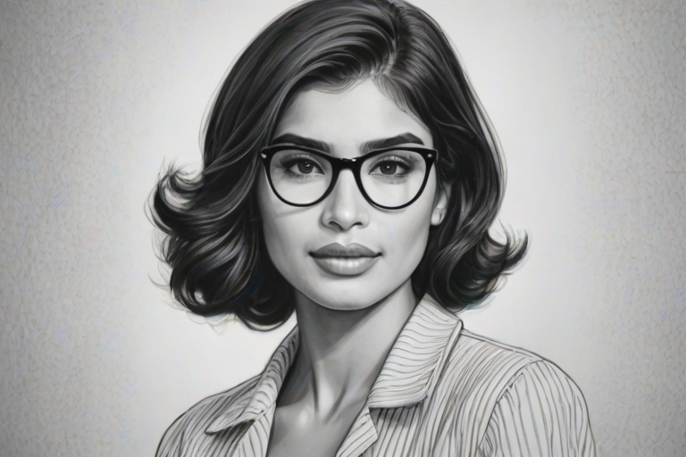 Graceful Diane Guerrero, pencil sketch, portrait of Fetching woman 1938s in glasses, hair style beatnik, outline, clear lines, fine lines, 8k
