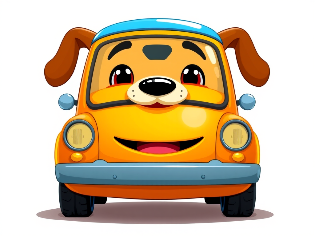 Create a vibrant cartoon-style illustration of a cheerful dog-faced car with a bright orange body and blue roof, captured in a frontal view using a DSLR camera with a 50mm lens, f-stop at f/2.8, ISO 100, and soft lighting for enhanced color saturation and clarity.