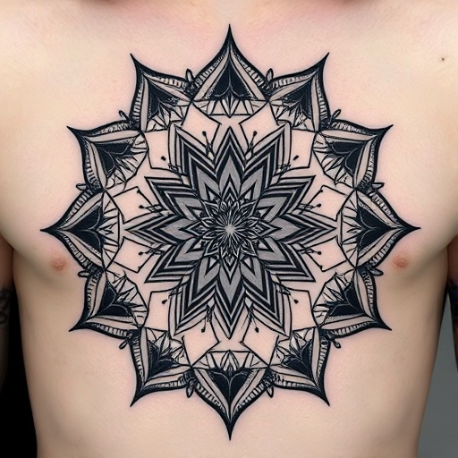 Intricate blackwork geometric tattoo called "Sacred Symmetry" showcasing a complex pattern of interconnected shapes and lines forming a mesmerizing mandala design with precise dotwork shading to create depth and texture incorporating sacred geometry symbols and repeating fractals that expand outward from a central focal point resulting in a hypnotic optical illusion that draws the eye inward and appears to shift and move as the body flexes