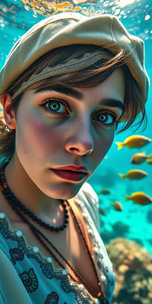 Realistic selfie image of a Turkish, wearing a vintage outfit, detailed dreamy eyes, droopy hooded eyes, staring at the camera, taken underwater at coral reef with a sunbeam filtering through the water, vibrant, summer vacation, natural lighting, turtle and school of tropical fish with vibrant colors, rendered in the style of CryEngine, Pegi Nicol MacLeod, with realistic genre scenes, hauntingly beautiful narratives, ultra-realism, and Thomas Saliot's close-up technique, 8K resolution, crystal clear and sparkling water.