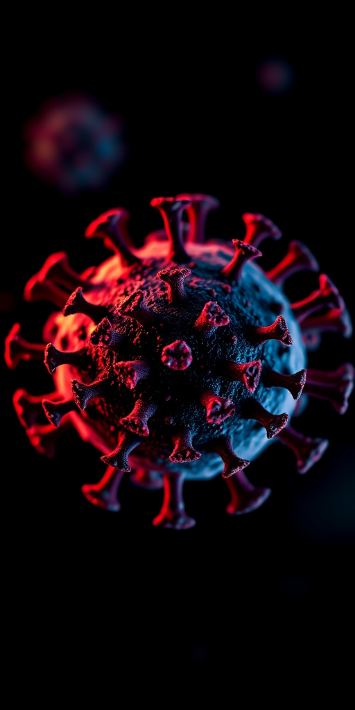 Create an abstract image depicting the COVID-19 virus with a dark background, sharp focus, high contrast colors, using a DSLR camera, aperture f/2.8, shutter speed 1/60s, ISO 400, and a macro lens to enhance detail and clarity.